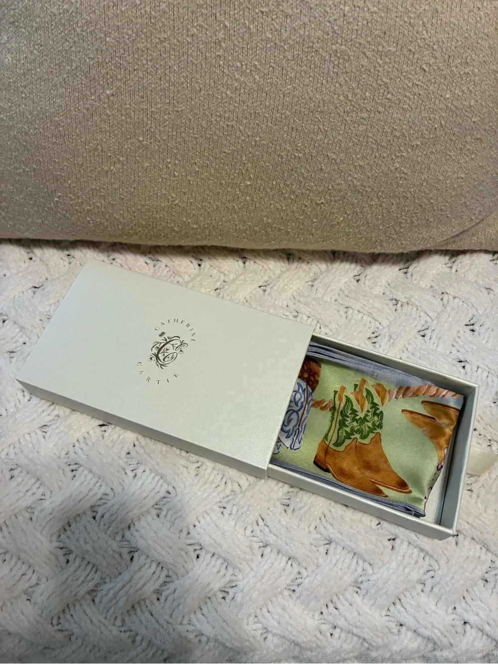 Boot Silk Ribbon Scarf in Pastel Yellow by Catherine Cartie, Fort Worth Artist